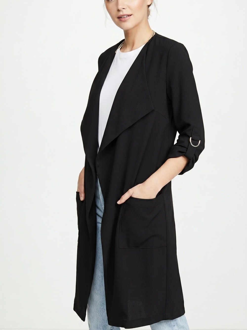 Black Draped Longline Open Front Jacket